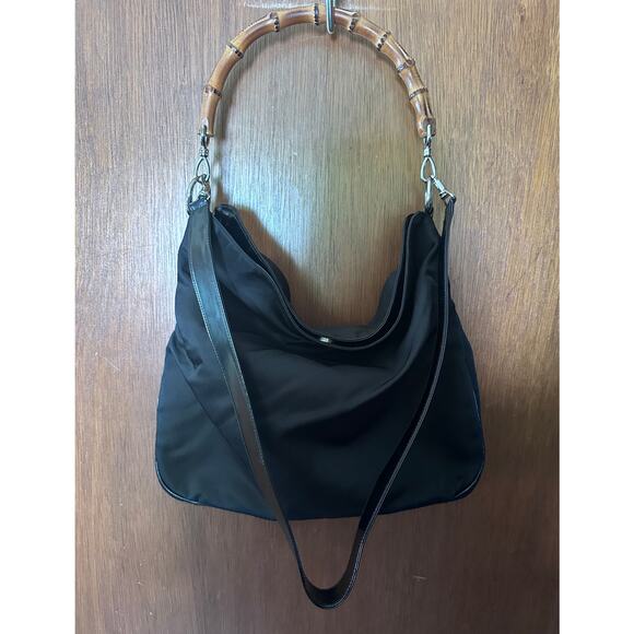 GUCCI NYLON & LEATHER HOBO W/BAMBOO HANDLE/SHOULDER STRAP - Picture 1 of 10